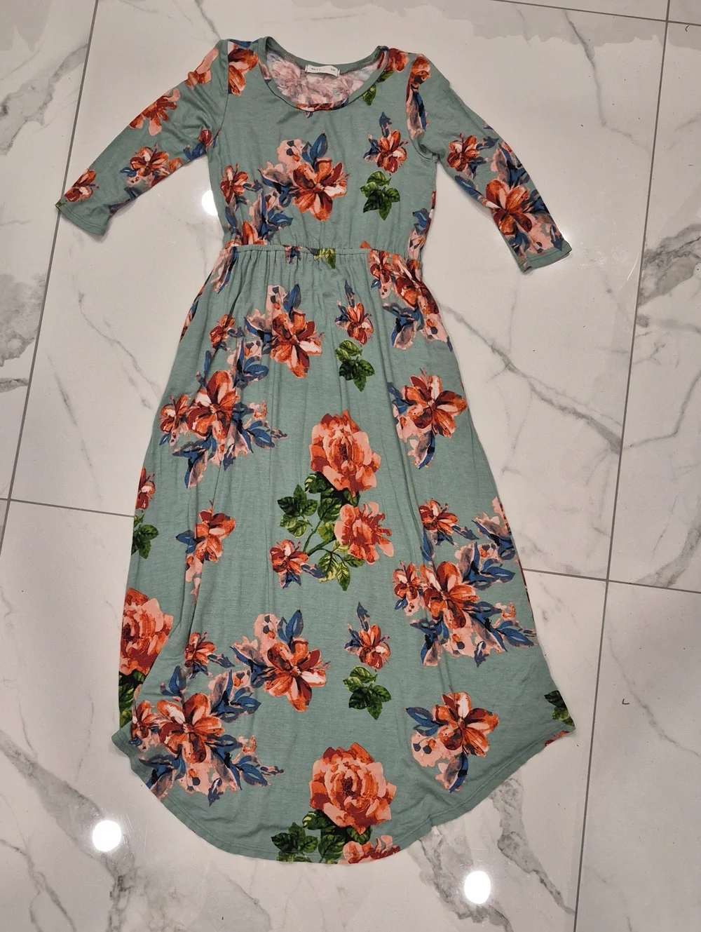 Sage Green Floral Midi Dress with Coral Blooms